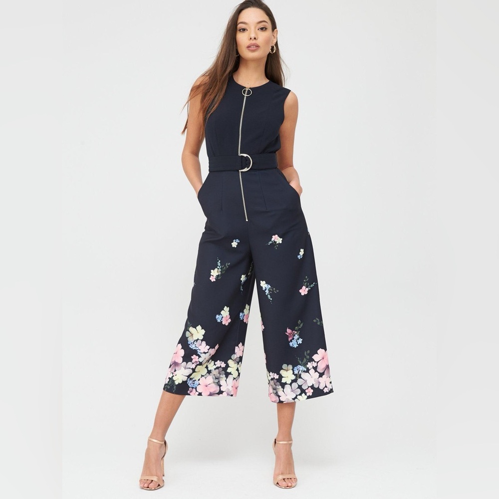Ted Baker Cosetee Pergola Zip Front Jumpsuit Size 0 Women, Black Floral Cropped